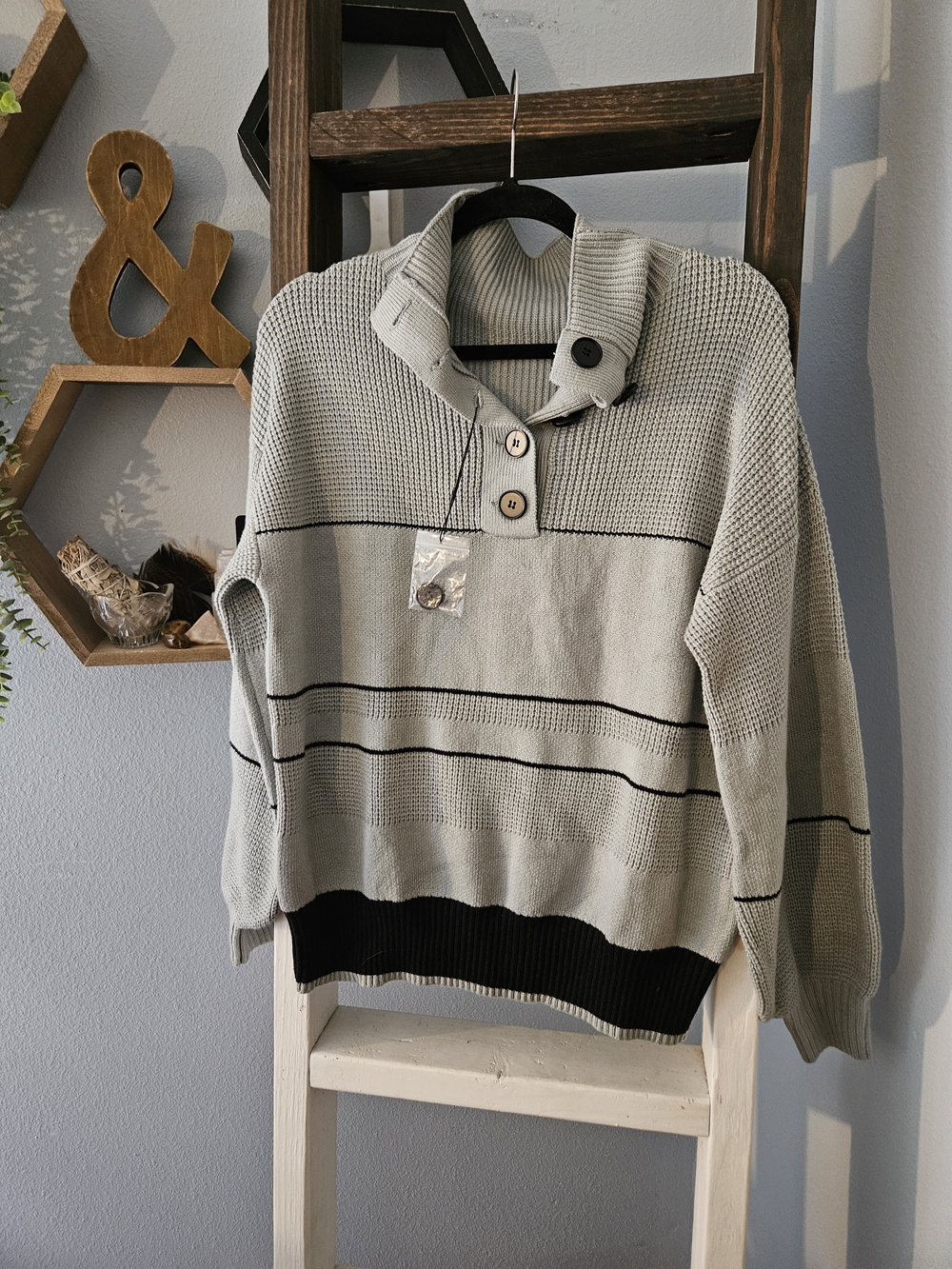 Women's Coastal Gray Striped Button-Neck Sweater Cardigan Size M
